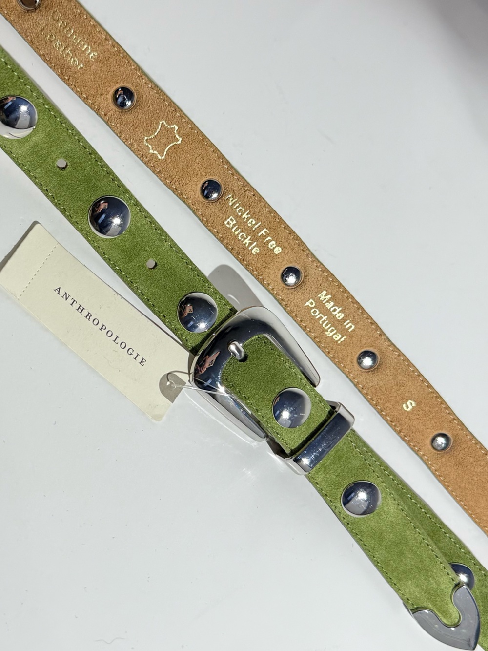 NWT Anthropologie Olive Pistachio Green Suede Belt Silver Studs Summer Trend - Picture 2 of 7